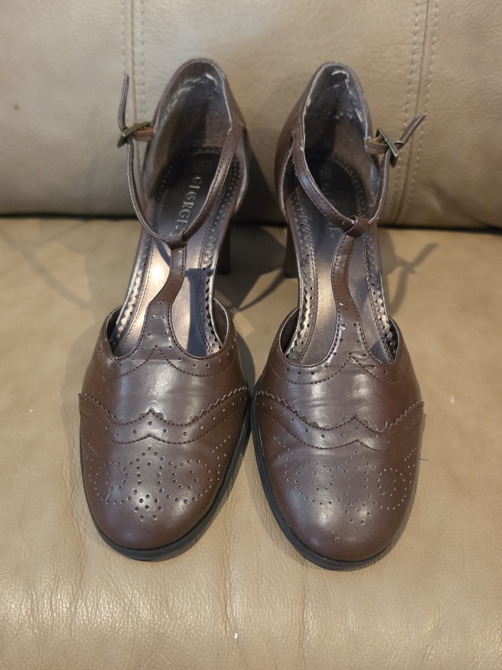 George Women's Brown T-Strap Brogue Heels